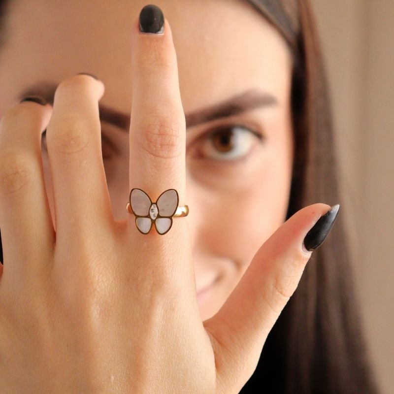 Anel Borboleta Branca em Aço Inox (Tamanho 17)