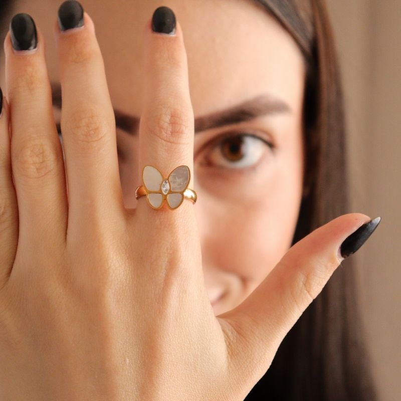 Anel Borboleta Branca em Aço Inox (Tamanho 19)