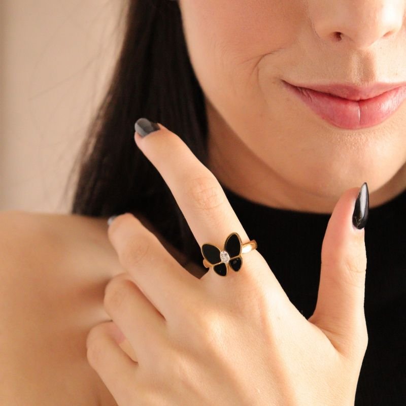 Anel Borboleta Preta em Aço Inox (Tamanho 18)