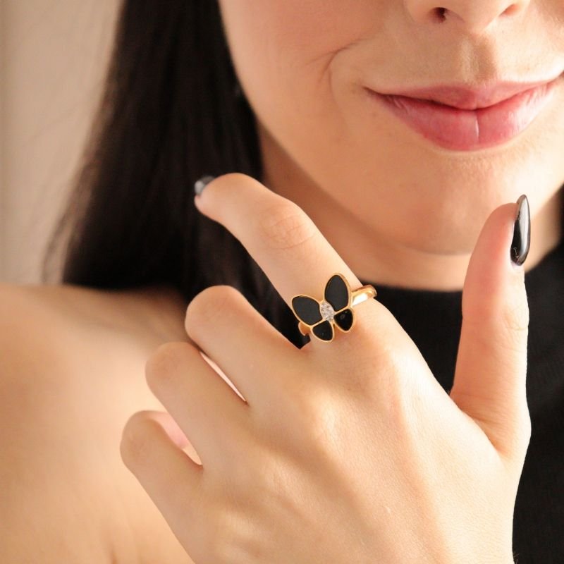 Anel Borboleta Preta em Aço Inox (Tamanho 18)