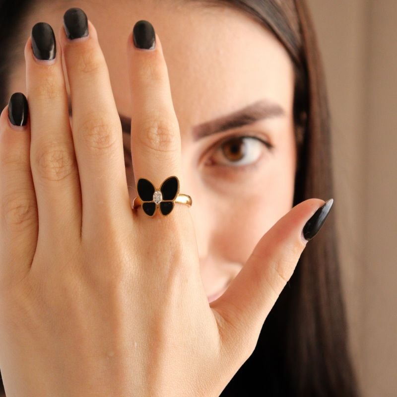 Anel Borboleta Preta em Aço Inox (Tamanho 19)