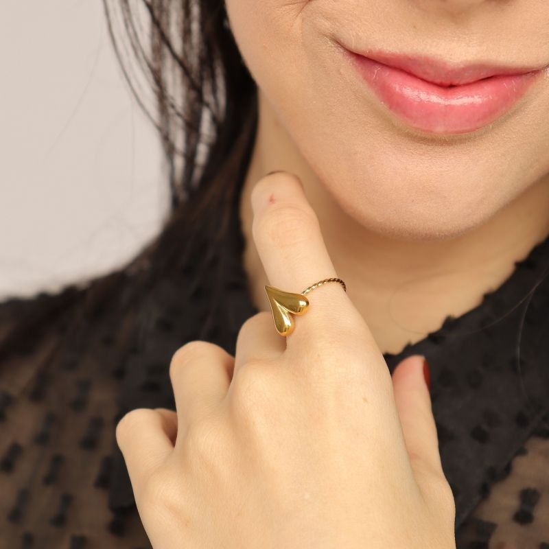 Anel Coração Levemente Regulável em Aço Inox