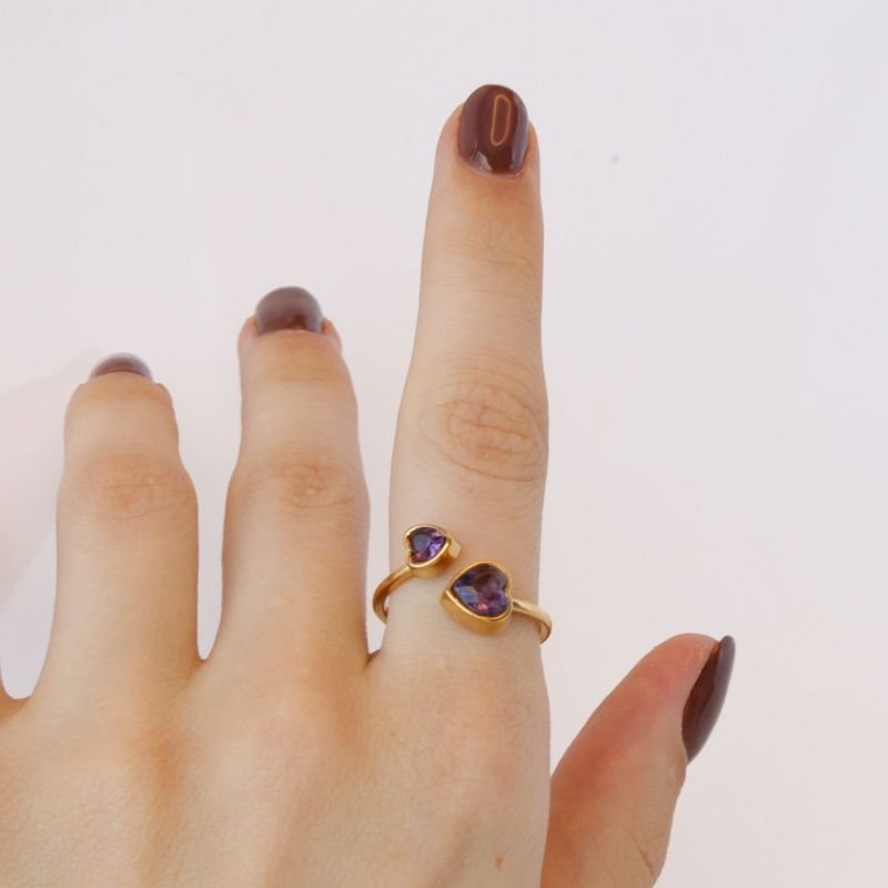 Anel Coração Roxo em Aço Inox (Tamanho 17)