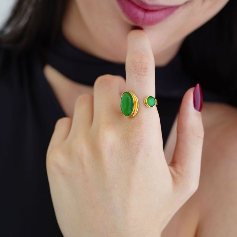 Anel Double Green Oval em Aço Inox (Tamanho 18)