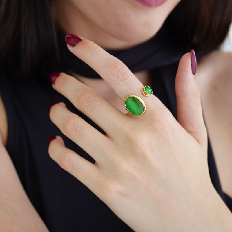 Anel Double Green Oval em Aço Inox (Tamanho 18)