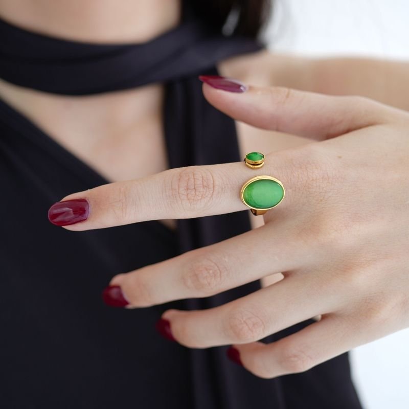 Anel Double Green Oval em Aço Inox (Tamanho 18)