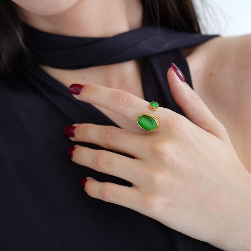 Anel Double Green Oval em Aço Inox (Tamanho 18)