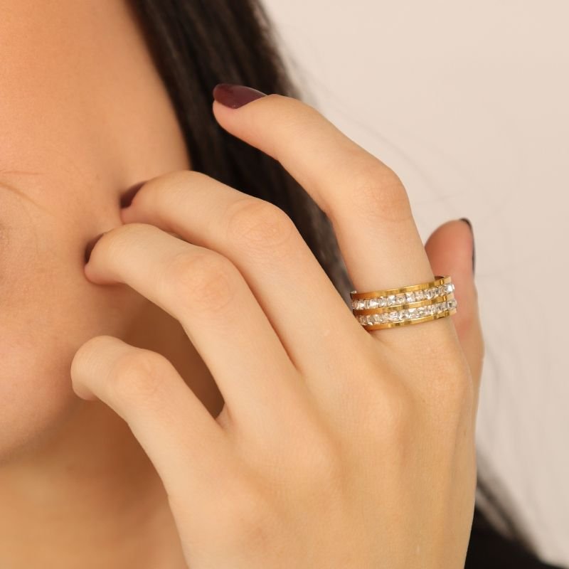 Anel Duplo Cravejado em Aço Inox (Tamanho 16)