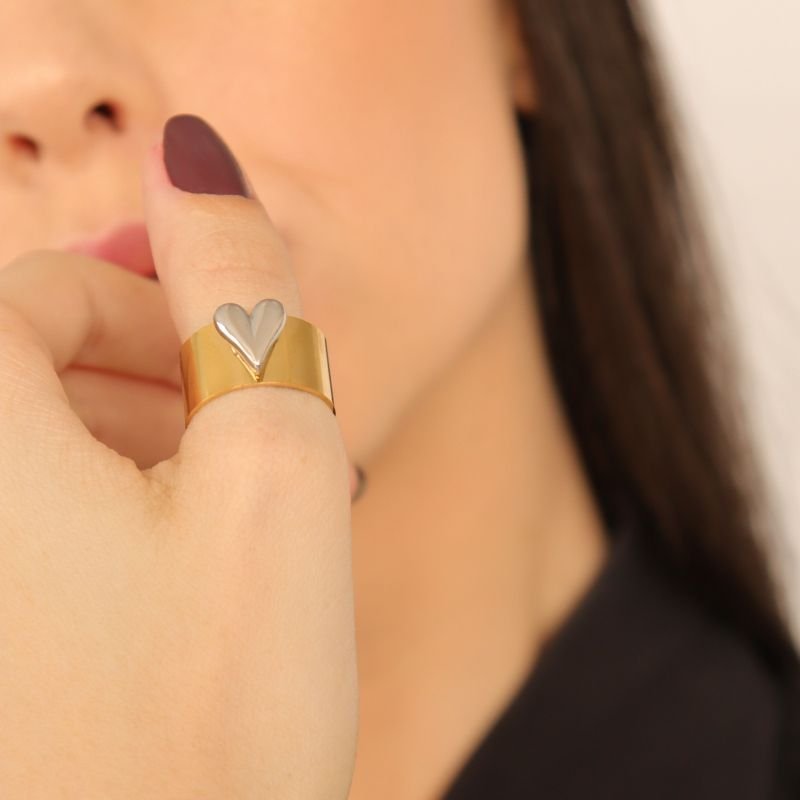 Anel Levemente Regulável Coração em Aço Inox (Linha Premium)