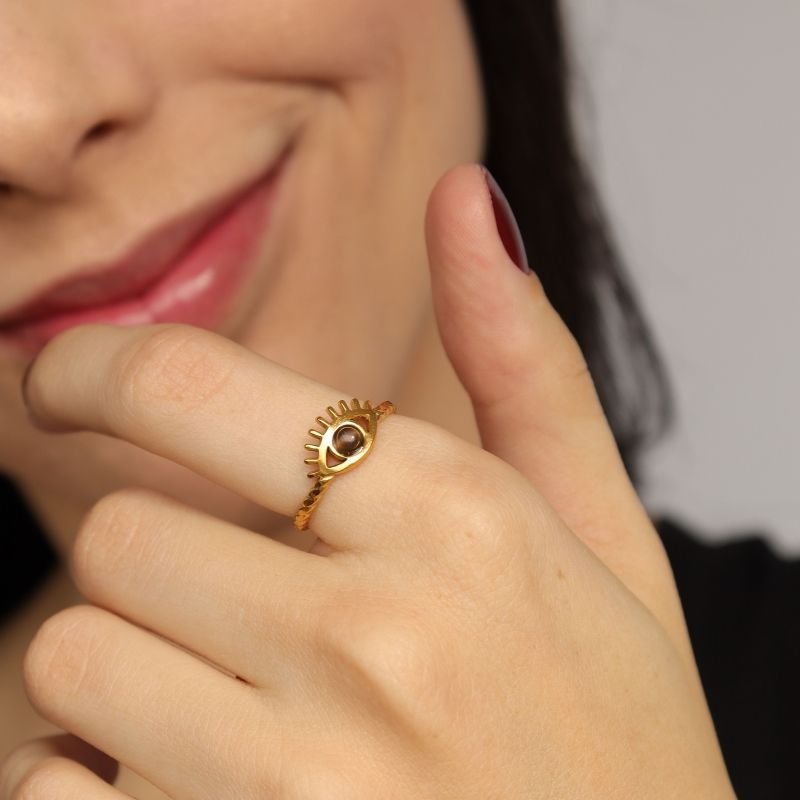 Anel Olho Grego Regulável em Aço Inox