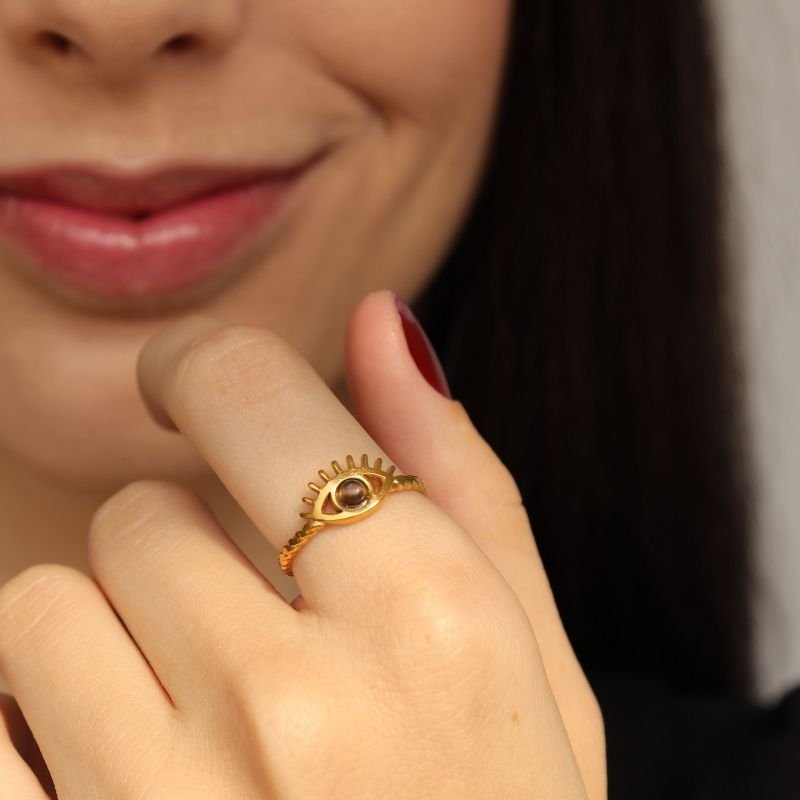 Anel Olho Grego Regulável em Aço Inox