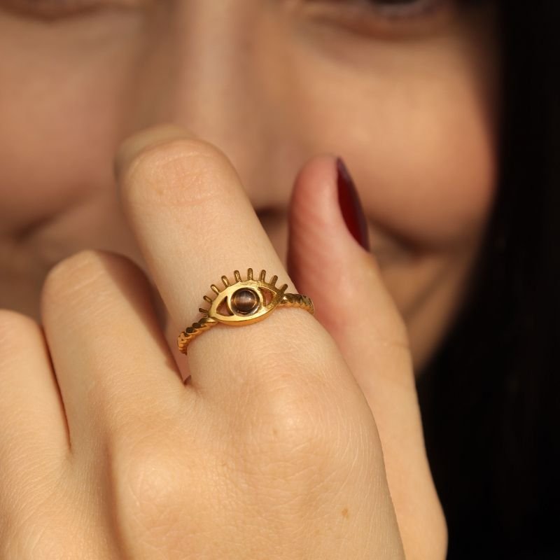 Anel Olho Grego Regulável em Aço Inox