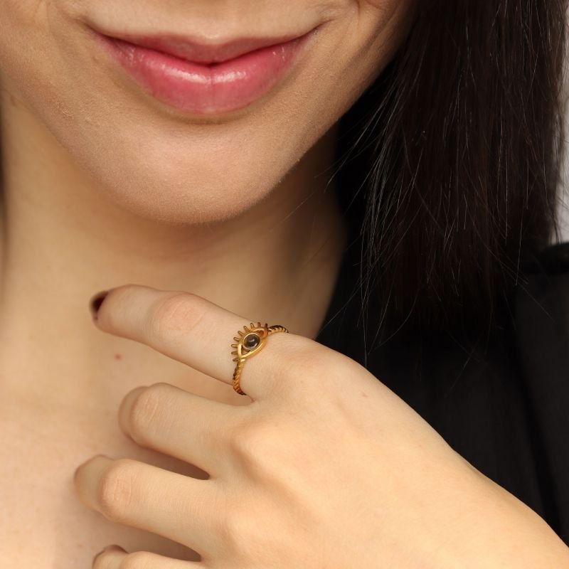 Anel Olho Grego Regulável em Aço Inox