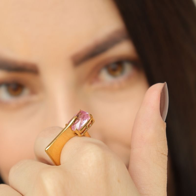 Anel Pedra Rosa (Tamanho 17) em Aço Inox (Linha Premium)