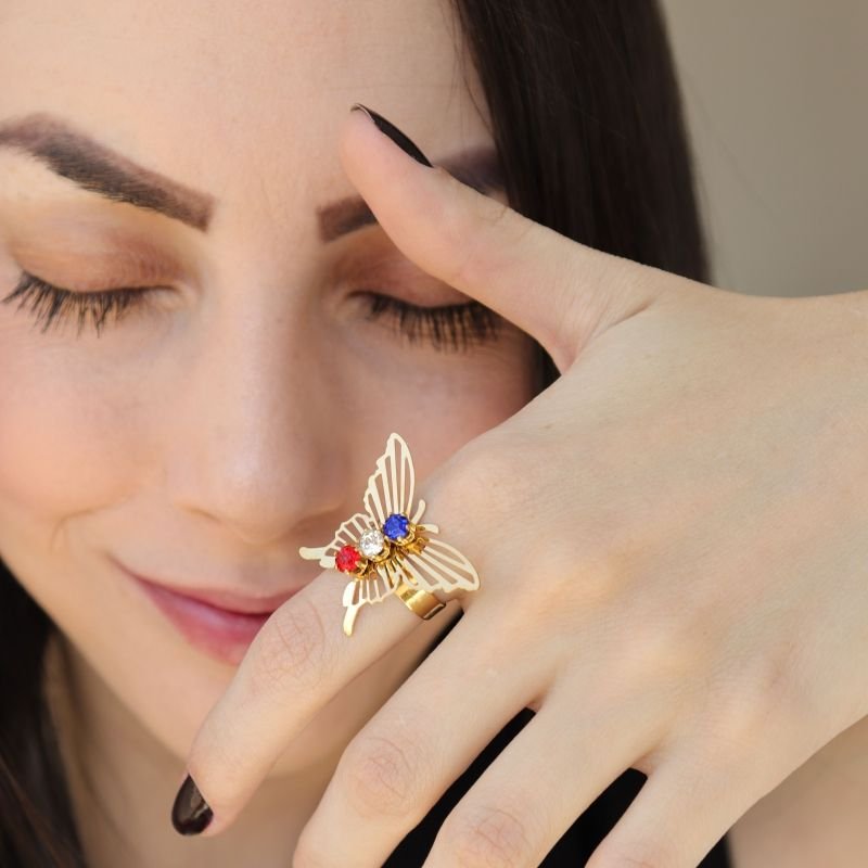 Anel Regulável Borboleta em Aço Inox (Cores das Pedrinhas Podem Variar)