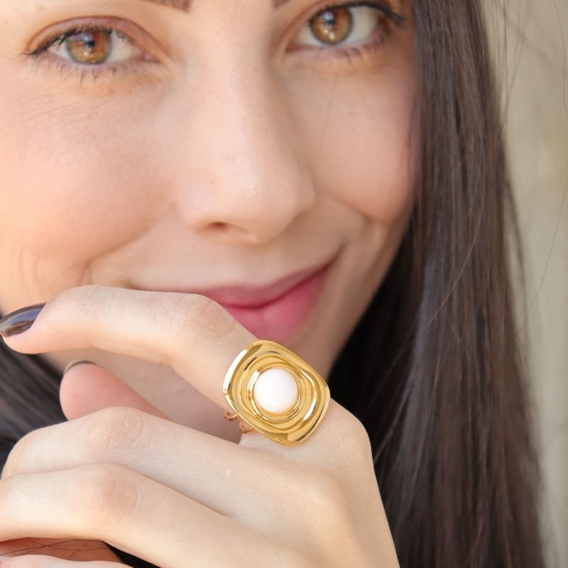 Anel Regulável Pedra Branca em Aço Inox (Linha Premium)