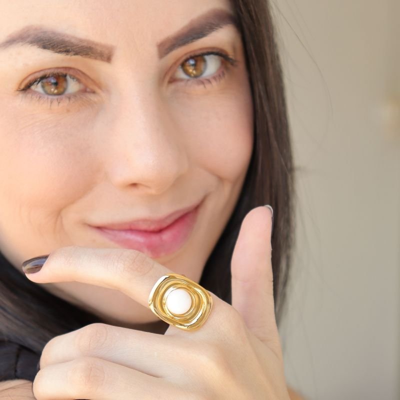 Anel Regulável Pedra Branca em Aço Inox (Linha Premium)