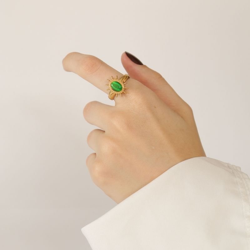 Anel Tamanho 17 em Aço Inox Pedra Verde