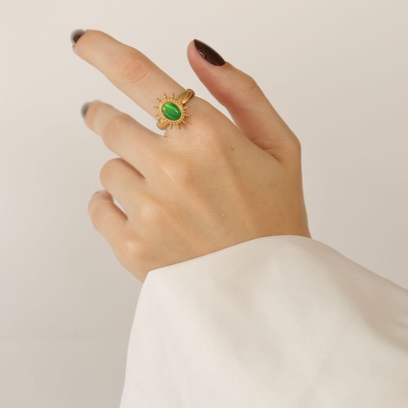 Anel Tamanho 17 em Aço Inox Pedra Verde