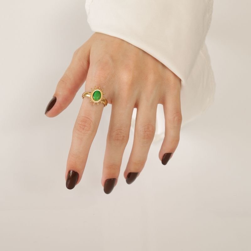 Anel Tamanho 17 em Aço Inox Pedra Verde