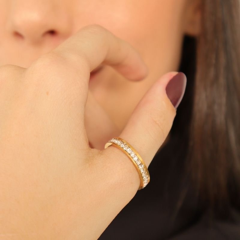 Anel Uma Linha Cravejado em Aço Inox (Tamanho 17)