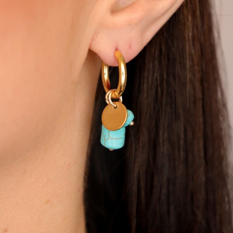 Argola com Dois Pingentes Turquesa em Aço Inox (Linha Premium)