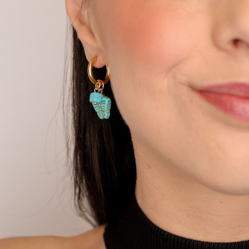 Argola com Dois Pingentes Turquesa em Aço Inox (Linha Premium)