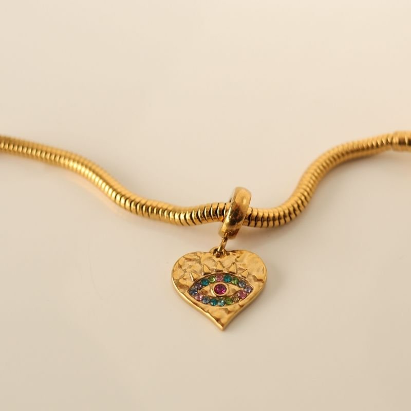 Berloque em Aço Inox Coração com Olho Grego Cravejado