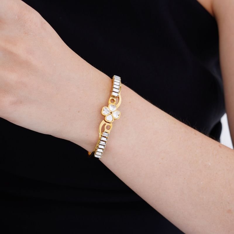 Bracelete Cravejado Trevo em Aço Inox (Linha Premium)