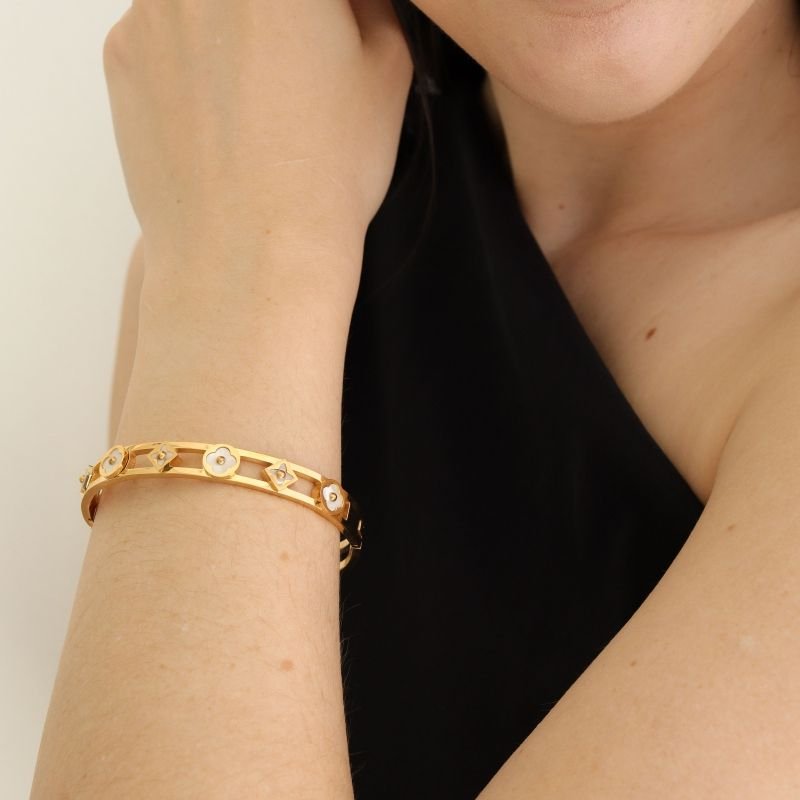 Bracelete Flor com Trevo em Aço Inox (Linha Premium)