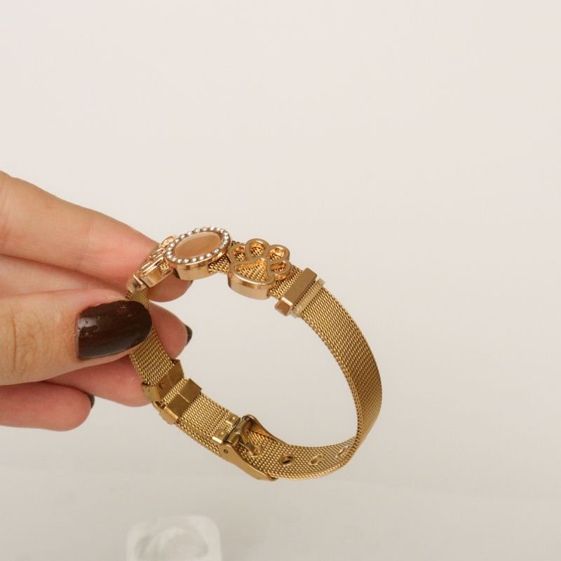 Bracelete Malha com Pingentes Folheados em Aço Inox