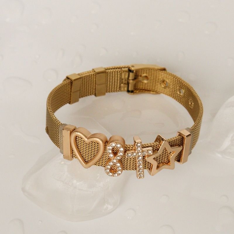 Bracelete Malha com Pingentes Folheados em Aço Inox