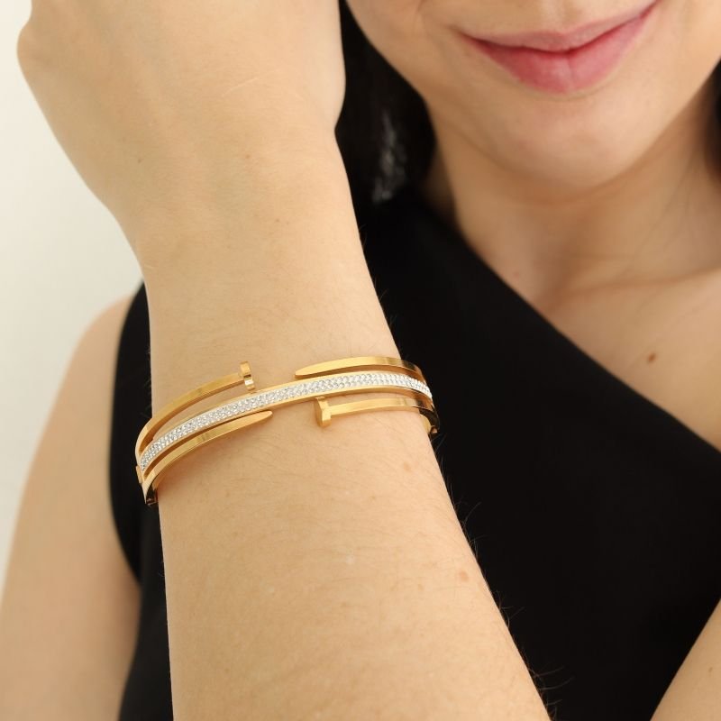 Bracelete Prego Duplo Cravejado em Aço Inox (Linha Premium)