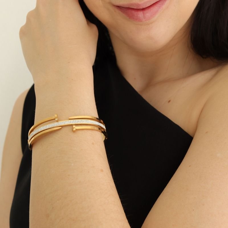 Bracelete Prego Duplo Cravejado em Aço Inox (Linha Premium)