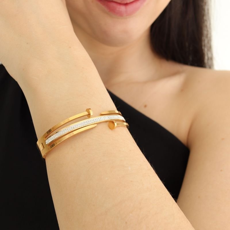 Bracelete Prego Duplo Cravejado em Aço Inox (Linha Premium)