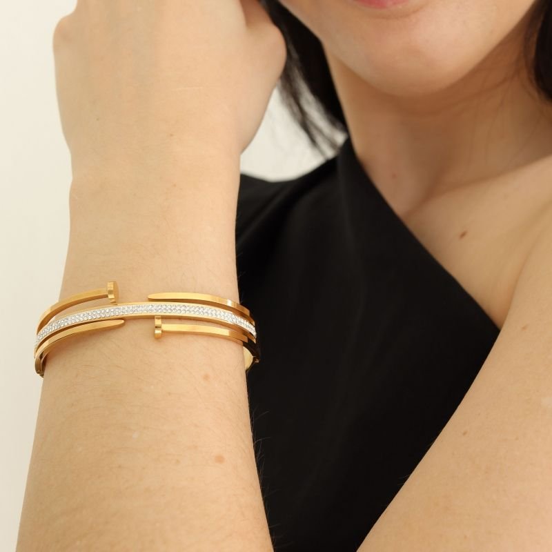 Bracelete Prego Duplo Cravejado em Aço Inox (Linha Premium)