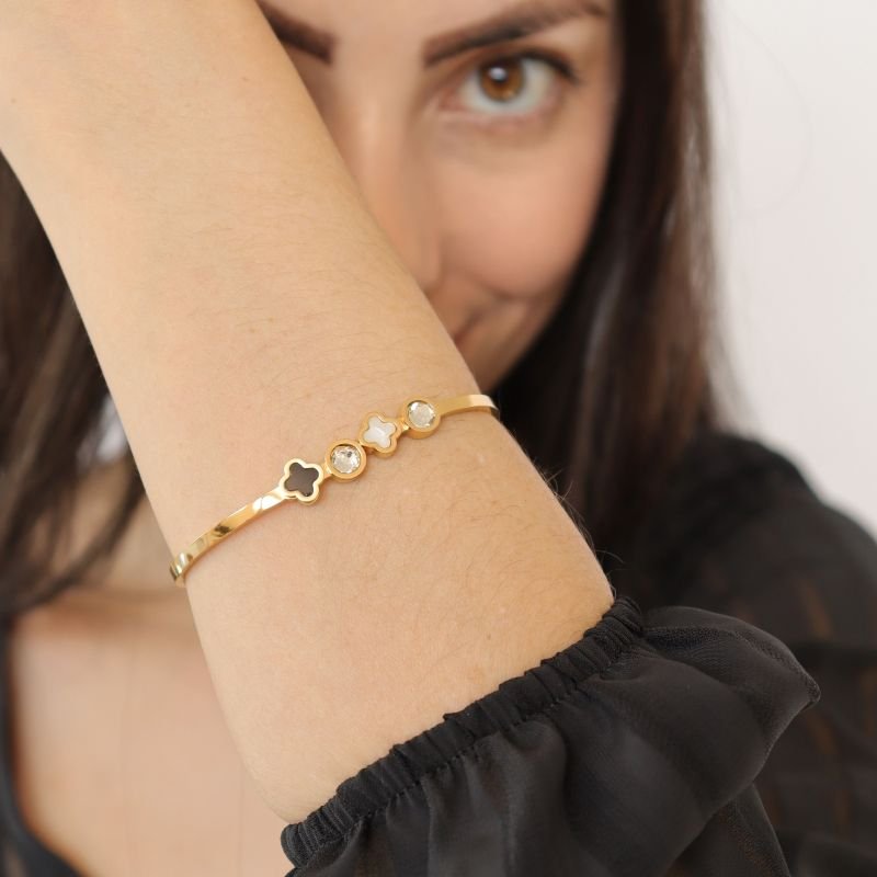 Bracelete Trevo com Pedras em Aço Inox (Linha Premium)