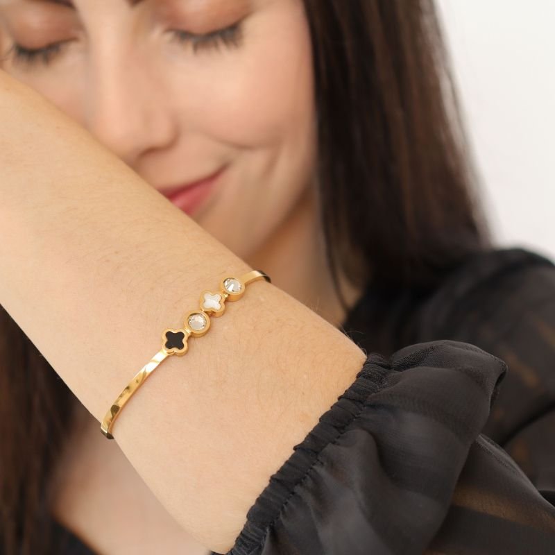 Bracelete Trevo com Pedras em Aço Inox (Linha Premium)