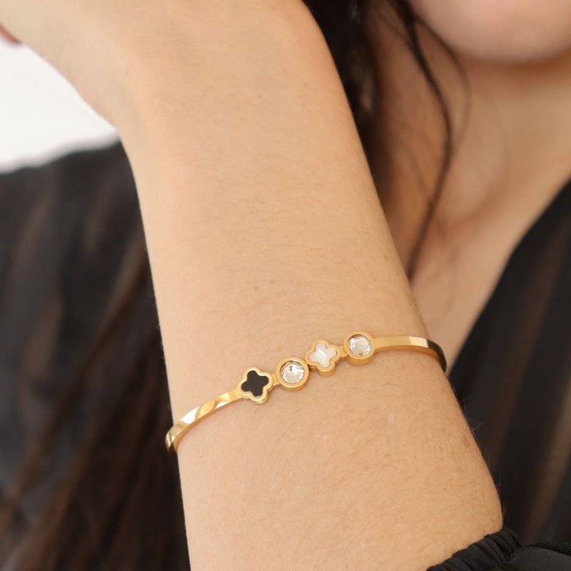 Bracelete Trevo com Pedras em Aço Inox (Linha Premium)