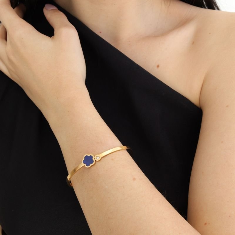 Bracelete Inspiração Van Cleef Minimalista Trevo Azul em Aço Inox (Linha Premium)