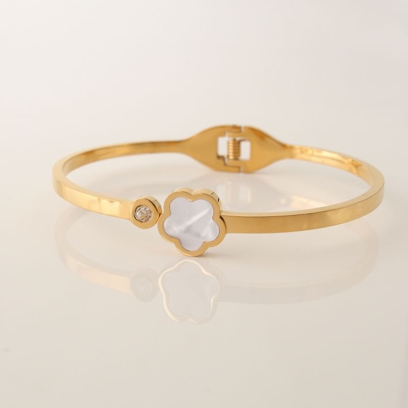 Bracelete Inspiração Van Cleef Minimalista Trevo Branco em Aço Inox (Linha Premium)