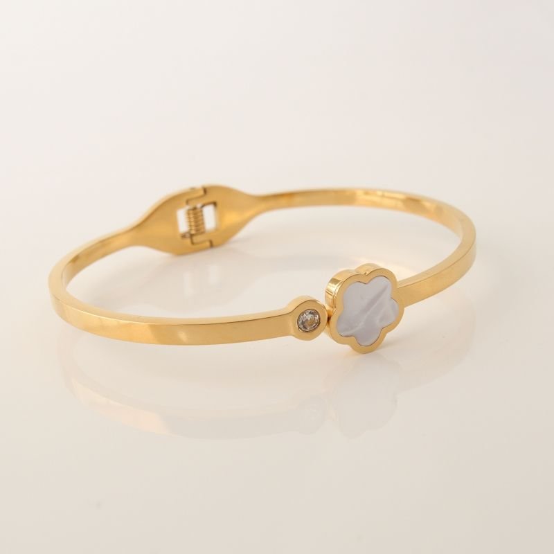 Bracelete Inspiração Van Cleef Minimalista Trevo Branco em Aço Inox (Linha Premium)