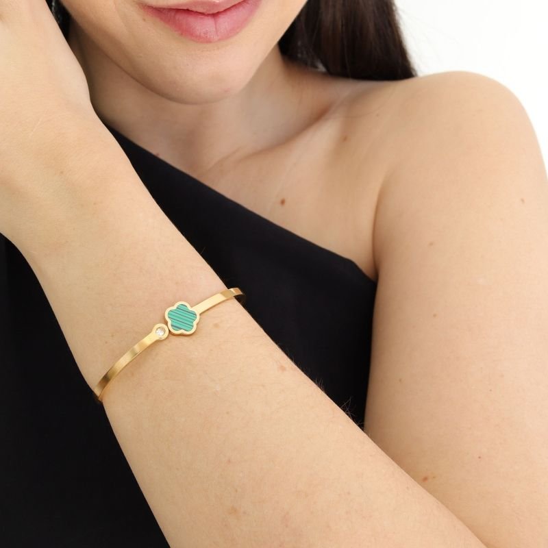 Bracelete Inspiração Van Cleef Minimalista Trevo Verde em Aço Inox (Linha Premium)