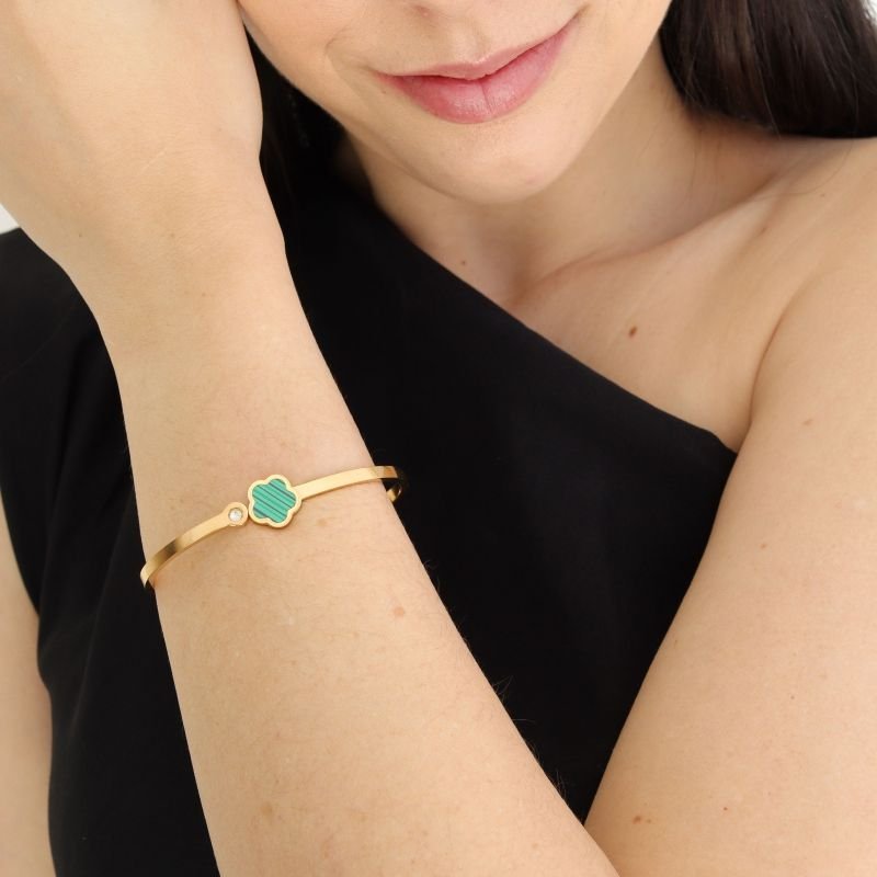 Bracelete Inspiração Van Cleef Minimalista Trevo Verde em Aço Inox (Linha Premium)