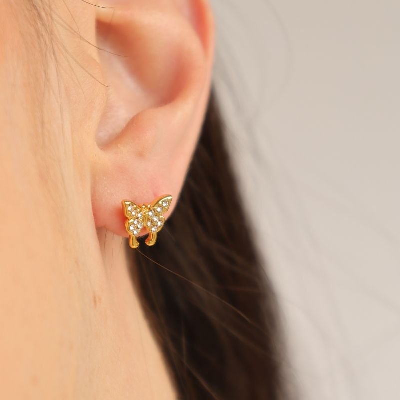 Brinco Borboleta Pequeno Cravejado em Aço Inox