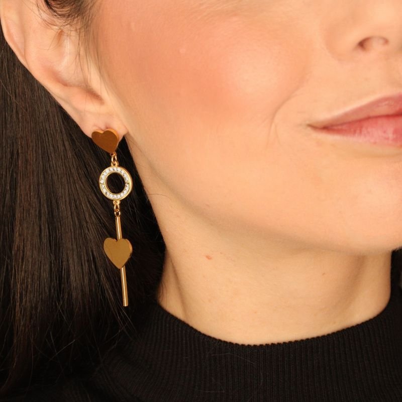 Brinco Coração Duplo com Strass em Aço Inox (Linha Premium)