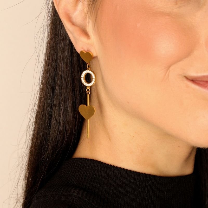 Brinco Coração Duplo com Strass em Aço Inox (Linha Premium)