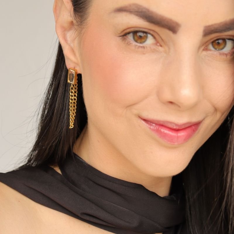 Brinco corrente com Pedra Cristal em Aço Inox (Linha Premium)