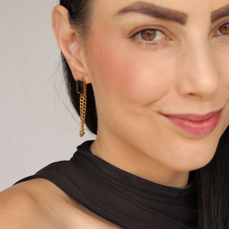 Brinco Corrente com Pedra Preta em Aço Inox (Linha Premium)