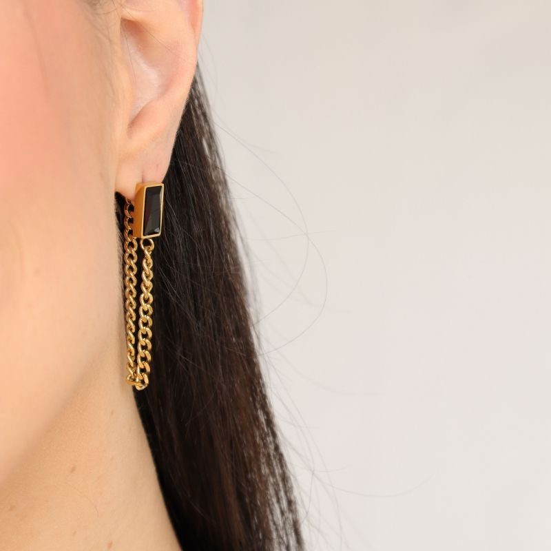 Brinco Corrente com Pedra Preta em Aço Inox (Linha Premium)